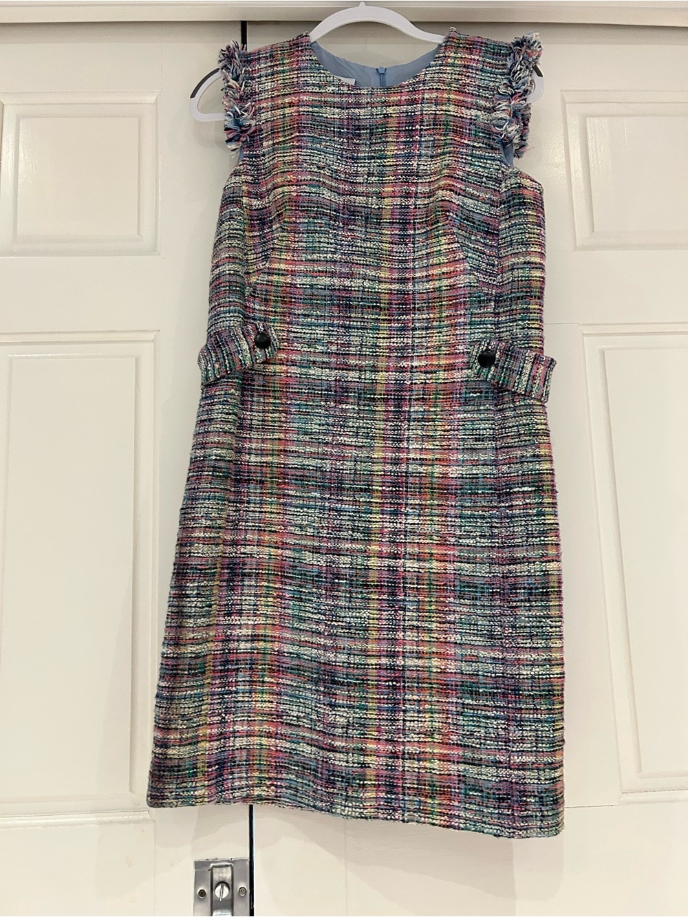 Akris Punto Multicolor Tweed Midi Dress with Fringe Shoulders
